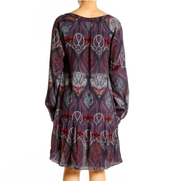 Sanctuary ✦ Purple Paisley Boho Mini Dress ✦ V-Neck w/ Tiered Hem & Long Sleeves - Picture 6 of 11